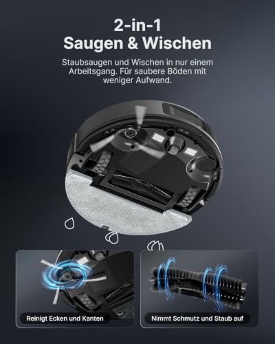 Vonko S6 Pro Robot Vacuum Cleaner with Mop Function and Suction Station, 8000 Pa Suction Power, LiDAR 2.0 Laser Navigation, 180 Minutes Runtime, Carpet Detection, App/Alexa, Ideal for Pet Hair, Hard Floors, Black