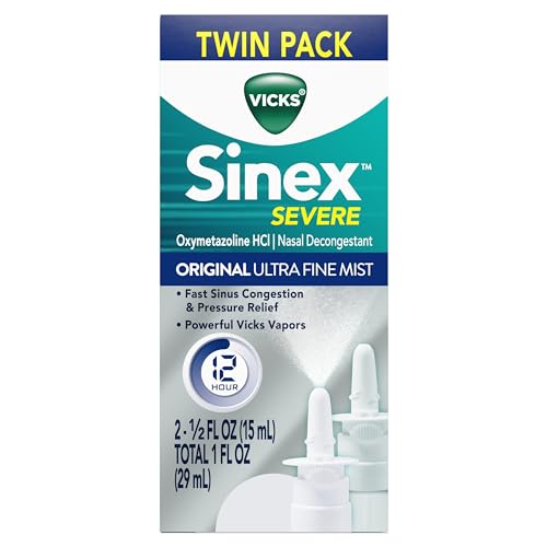 VICKS SINEX SEVERE ALLERGY & SINUS NASAL SPRAY, ORIGINAL ULTRA FINE MIST, DECONGESTANT RELIEF FROM NASAL CONGESTION, SINUS PRESSURE RELIEF, 265 SPRAYS (2 COUNT)