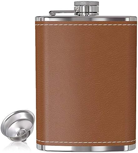 Flask for Liquor and Funnel - 8 Oz Leak Proof 18/8 Stainless Steel Pocket Hip Flask with Brown Leather Cover for Discrete Shot Drinking of Alcohol, Whiskey, Rum and Vodka | Gift for Men