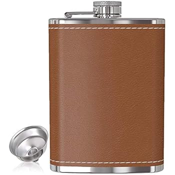 Flask For Liquor And Funnel 8 Oz Leak Proof 188 Stainless Steel Pocket Hip Flask With Brown Leather Cover For Discrete Shot Drinking Of Alcohol
