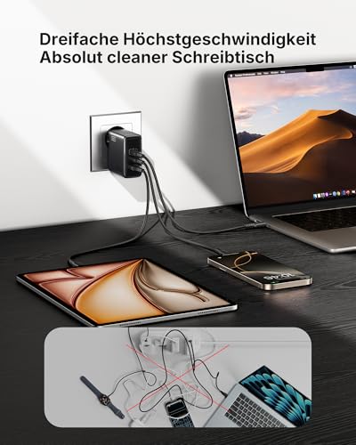 USB C Ladegerät, 100W 3-Port Laptop Schnellladegerät mit USB C Kabel, GaN Mehrfach Netzteil für MacBook Air Pro, iPad, iPhone 17 16 15 Pro Max, Samsung Galaxy S25 S24 Ultra, Pixel, Switch 2 etc