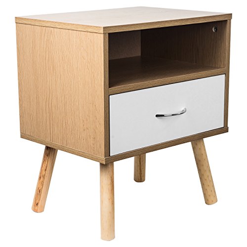 TopHomer Side End Table / Nightstand with 1 Drawer / 1 Storage Shelf, White / Natural Color, 20.8 Inch Height