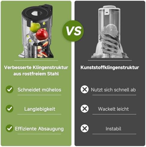 Entsafter - Slow Juicer mit 135 mm großem Einfüllschacht für ganzes Obst und Gemüse - Leicht zu Reinigen mit 2 Gläsern - Silber
