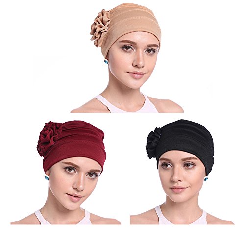 3Pieces Women Chemo Cap, Soft Sleep Turban Headwear Hat with Elegant Strench Side Flower Pleated Skull Caps for Cancer Patients Black Pack of 3