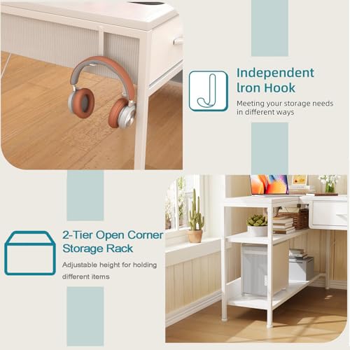 CAIYUN L Shaped Computer Desk with 2 Drawers, 39 Inch Office Corner Desk with 2 Storage Shelves, Working Table Study Table for Home Office Desk, White