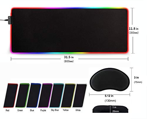 AILRINNI Gaming Mouse Mat - 800 x 300 x 4 mm RGB Large Mouse Pad with 14 Lighting Modes, Non-Slip Rubber Base Mouse Pad with Hand Wrist Rest for Laptop, Gamers, PC, Desk