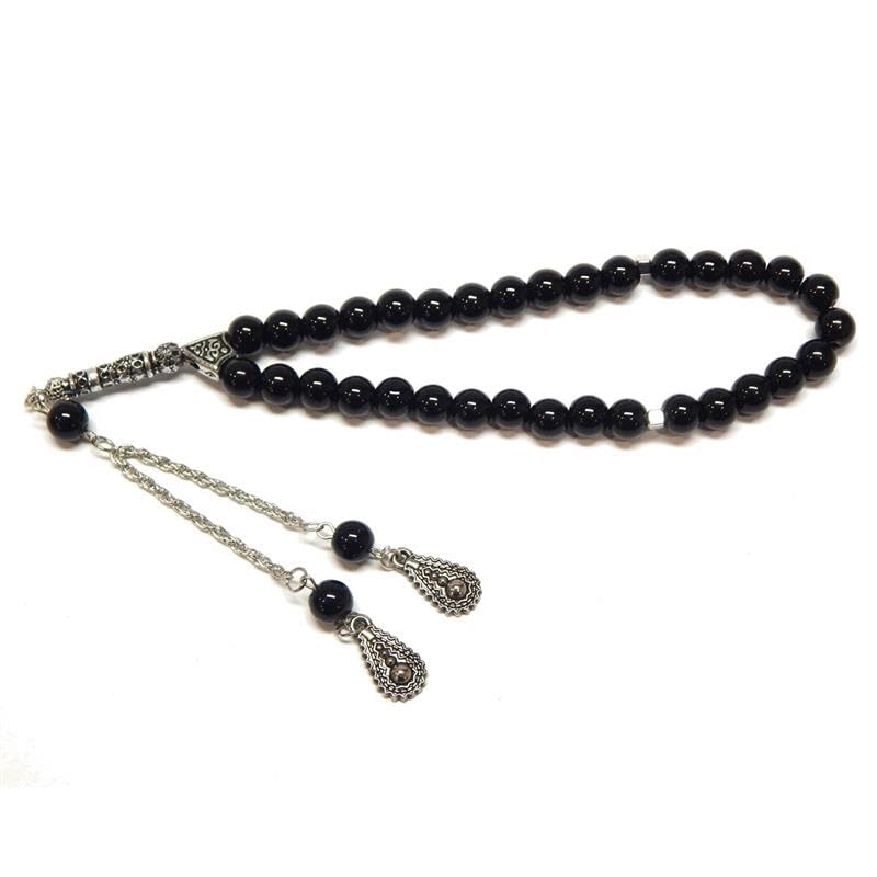 Prayer Beads Tesbih Tasbih Tespih Misbaha Subha 33, 23 cm, Muslim Islamic Rosary Prayer Wor Accessories Semi-Precious Stone Polished Onyx Black Beads Round 8 mm, Black Agate Beads