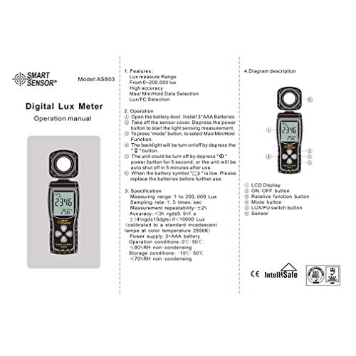 SMART SENSOR AS803 Digital Lux Meter Luminance Tester Light Meter 1-200000 Lux Tools Photometer Spectrometer Actinometer - Thumbnail 3