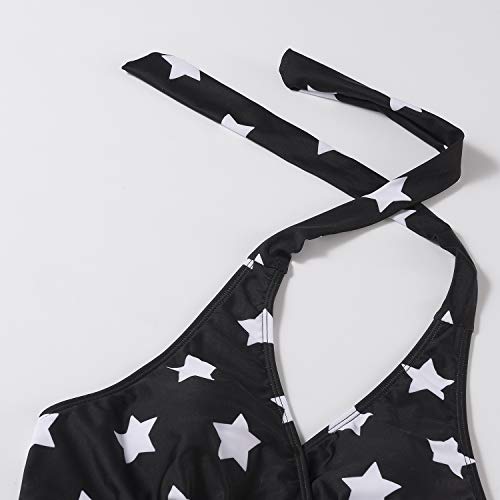 Maternity Bikinis Tankini Halter Swimsuit One Piece Pregnant Beachwear Black with White Stars L - Thumbnail 3