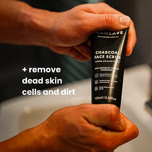 ManCave Men's Face Scrub with Active Charcoal 100 ml – Deep Exfoliating with Willow Bark Extract and Vitamin E – Deep Cleansing, Smooth Skin, Dermatologically Tested, Natural