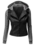 Doublju Women's Double Layered Hooded Faux Leather Jacket