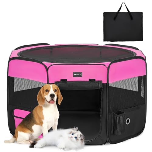 PETSFIT faltbar Welpenauslauf Tierlaufstall für Kleintiere Hunde Katzen,Hundelaufstall Freigehege mit Wasserdichter Boden,Pop-up System Kausicheres Design,Rosarot/Schwarz,92 * 84 * 53cm