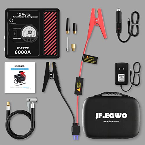 JF.EGWO 6000Amp Car Jump Starter with Air Compressor, 12V Safe Lithium