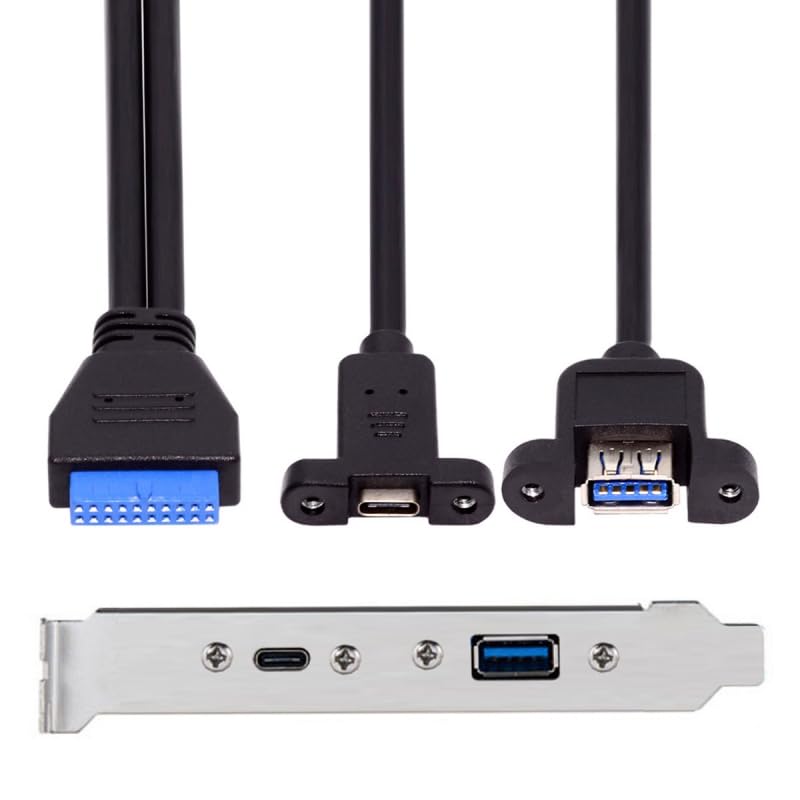 CY Cable USB3.0 Motherboard 19/20Pin to USB-C Type-C & USB 3.0 Dual Ports Female PCI-E Back Panel 5Gbps Cable