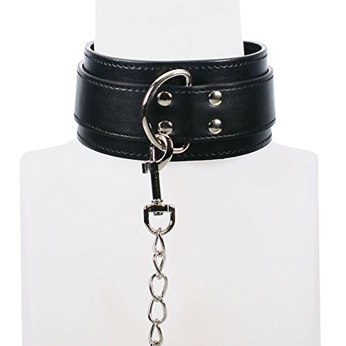 Black Collar Leash with Chain - Bondage Sex Product for Kink Play