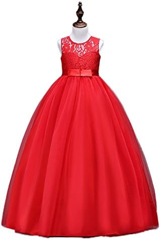 Big Girls Summer Vintage Casual Flower Girl Lace Dress Ball Gown With Embroidery For Christmas Wedding Birthday Party Formal Occasion (Red, 160)