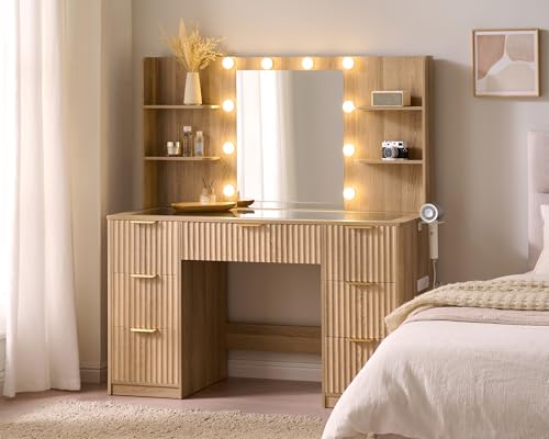 Jocisland 47.2" Fluted Vanity Desk with Mirror and Adjustable LED Lights, Large 7 Drawers Makeup Table with Glass Top and Charging Station for Women and Girls, Bedroom or Dorm, Natural Oak