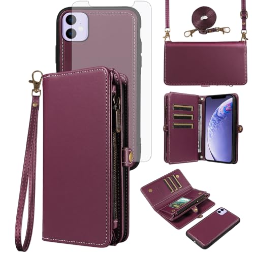 Asuwish Phone Case for iPhone 11 6.1 Zipper Wallet Detachable Cell Cover with Screen Protector Crossbody Lanyard Strap Flip Card Holder Slot iphone11case iPhone11 i Phone11 11s XI 11R Dark Purple