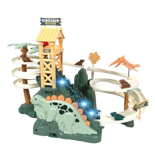 GEMPRIME Goods Dinosaur Climbing Slide Toy, Dinosaur Race Track Game Dino Car Track Adventure with Climbing Stairs, Lights & Music Roller Coaster Toy for Toddlers Kids Boys Girls Age 3-8 - Green
