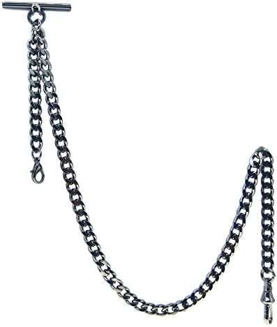 Albert Chain Pocket Watch Chains for Men Gunmetal Black Color with T Bar Swivel Clasp and Fob Drop with Small Lobster Clasp AC31