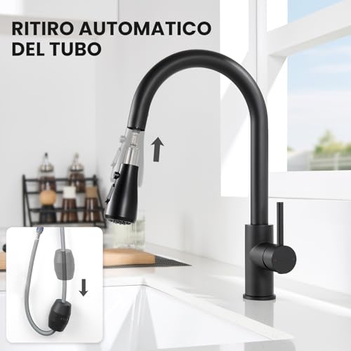 CECIPA Black Kitchen Tap with 2 Types of Modes, Black Kitchen Mixer with Pull-Out Shower 40 cm, Single Lever Mixer Tap in Stainless Steel