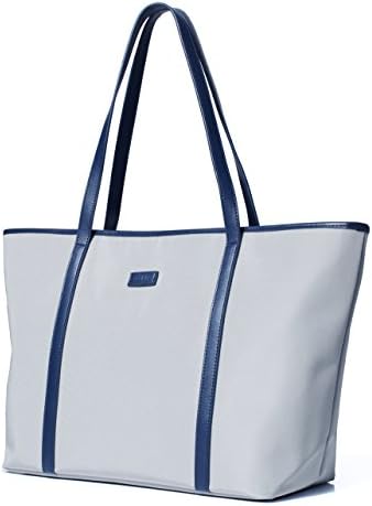 Let It Be Basic Medium Travel Tote Shoulder Bag for Women | Laptop Work Tote | Light Grey + Blue Strap