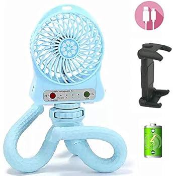 Mini Handheld Stroller Fan,Personal Portable Baby Fan with Flexible Tripod Fix on Stroller/Student Bed/Bike,USB or Battery Powered Desk Fan Adjustable 3 Speeds for Camping/Traveling(Blue)