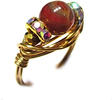 Red Caff? Mocha Czech Art Glass Pearl Gold Wire Ring Size 4-12 Handmade in USA