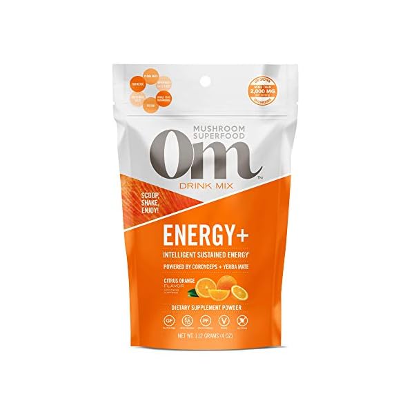 Om Mushroom Superfood Energy Plus Mushroom Powder Drink Mix, Citrus Orange, 4 Ounce, 18 Servings, Mushroom Blend, Cordyceps, Yerba Mate, Tumeric, Vitamin B Complex, Pre-Workout, Immune Supplement