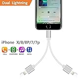 iPhone 7 Adapter & Splitter, Dual Lightning Headphone, Lightning Adapter Headphone Jack Audio & Charge Cable for Chagring & Listening (Support iOS 10.3)(Silver)