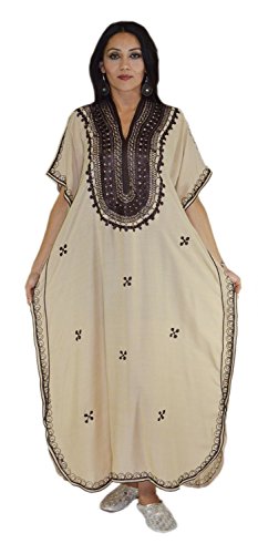 Moroccan Caftan Hand Made Top Quality Breathable Cotton with Brown Hand Embroidery Long Lenght Beige