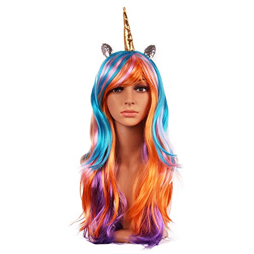 image for Expression Gifts Unicorn Wig - Multi Color Rainbow Wig With Unicorn Ho