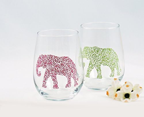 Hand painted elephant wine glasses, pink and green