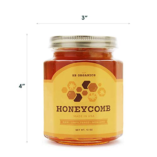 SB Organics Premium Honeycomb Jar - All Natural, Organic, Unfiltered, Raw Honeycomb - Made in USA from Wild Bees - Enjoy Delicious, Sweet, Pure Honey Directly from the Hive - 12 oz. Jar (2 Pack)