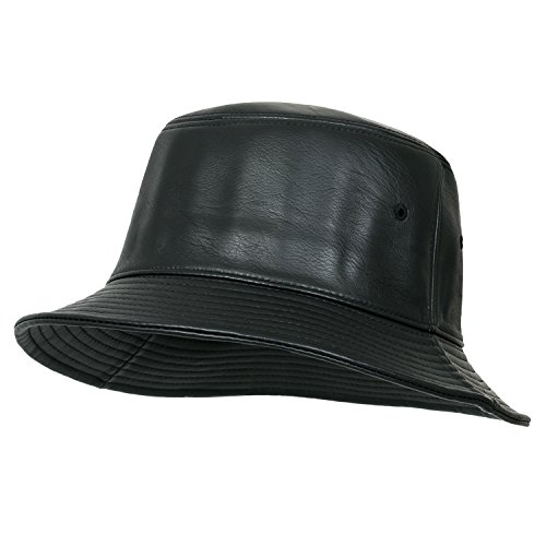 ililily Black Soft Faux Leather Round Top Fedora Vintage Flat Bucket Hat, Black