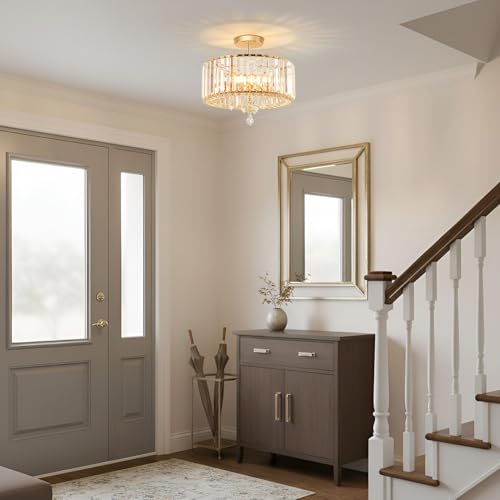 ANWIO Crystal Ceiling Light, Bedroom Glass Ceiling Lamp with 3 E27 Base, Larger Size Gold Modern Pendant Lamp, Ceiling Lights for Living Room, Kitchen, Dining Rooms (37 cm, Without Bulb)