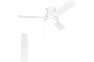hykolity 44 inch Flush Mount Ceiling Fan with LED Lights(3000K/4000K/6000K) Pull Chain, Noiseless Reversible Motor, Low Profile Ceiling Fan, 3 Speed, ETL Listed, White