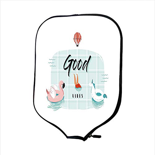 Neoprene Pickleball Paddle Racket Cover Case,Good Vibes,Pink Flamingo and Unicorn Buoy Ring in Swimming Pool Summertime Fun Decorative,Pale Green Coral Black,Fit For Most Rackets - Protect Your Paddle