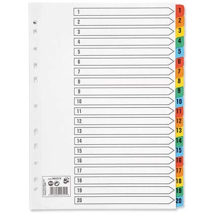 5 x Set Of A4 File Dividers Numbered 1-20 Plastic Tabs