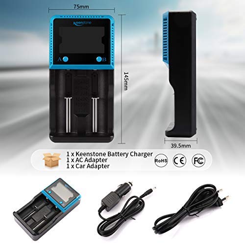 Keenstone Cargador Pilas Universal Inteligente, 18650 ICR BRC Baterías LCD Pantalla Cables para baterías Recargables Ni-MH Ni-CD AA AAA SC 10440 14500 16340 18560 22650 25500 26650 20700 (2 Ranuras)