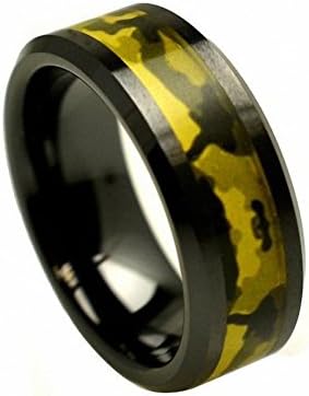 8mm Black Ceramic High Polish Finish Camouflage Inlay Beveled Edge Comfort Fit Wedding Band Engagement Ring for Men &amp; Women- , Size 13