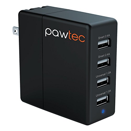 Pawtec 4-Port USB Wall SMART Charger 5V 6.2A / 31W Smart Circuit Optimized For Phones & Tablets iPhone 7 / 7 Plus / 6s 6 / 6s 6 Plus / SE / iPad Pro / iPad mini, iPod, Samsung Galaxy S7, Galaxy Note