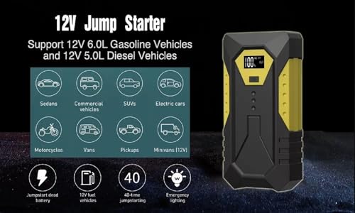 YHDZSW Arrancador de Batería de Coche, 2500A 26800mAh Arrancador Portátil de Batería de Coche, Arrancador de Baterias de Auto con Pantalla Digital Carga Rápida USB y Linterna