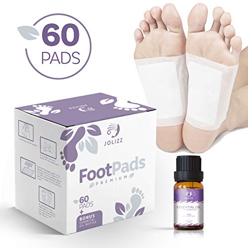 Jolizz Premium Foot Pads (60-Pack) & Bonus Lavender Essential Oil – Sleep Patches for Restful Night and Morning Energy – Easy Peel Overnight Sole Adhesive | Relieve Stress & Improve Sleep