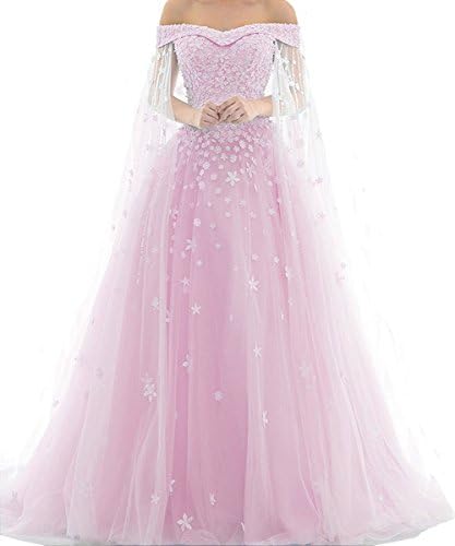 Meledy Women's Off Shoulder A Line Lace Beaded Long Formal Court Trains Evening Dress Prom Gown Pink US2