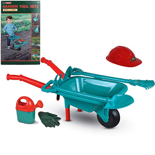 High Bounce Kids Plastic Wheelbarrow with Garden Accessories- Gardening Gloves, Watering Can, Shovel, Hoe, Rake, Fork and Hat