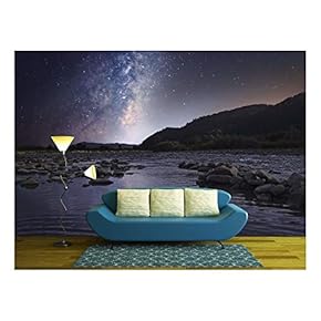 Starry Sky Over Mountain River - Removable Wall Mural | Self-Adhesive Large Wallpaper - 66x96 inches
