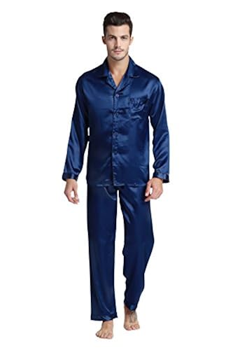 TONY AND CANDICE Women's Satin Pajama Set – Navy Blue With White Piping, Long Sleeve Loungewear, Size Small