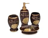 Bath Accessories 4 Piece Ceramic Set - Soap Dispenser and Soap Dish, Toothbrush Holder and Tumbler - Elegant + Durable Styles To Spruce Up Your Bathroom, Brown Sea Shells