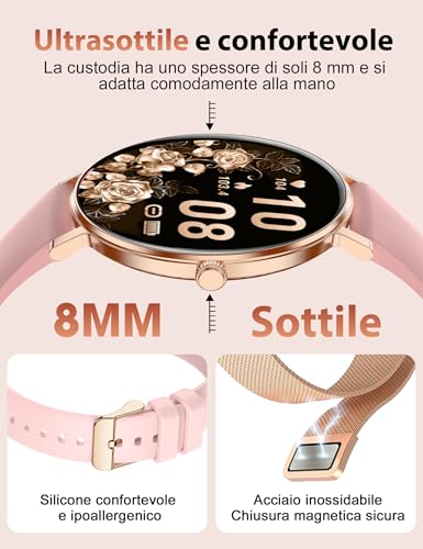 Smartwatch Donna,8mm Ultra Sottile,1.32" AMOLED Smart Watches con 7 Giorni di Batteria,Chiamate BLE5.3,Frequenza cardiaca, SpO2, Sonno, Contapassi,IP68 Orologio Fitness per Android/iOS,Oro Rosa